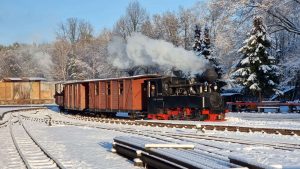 Dampflok im Schneebedeckten Bahnhof Weißwasser-Teichstraße