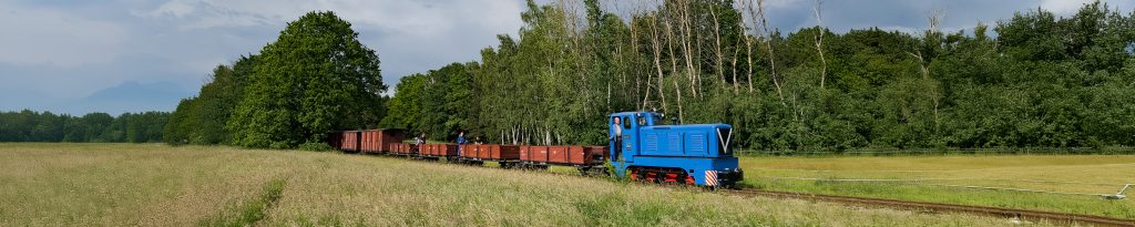 Blaue Diesellok Typ V10C mit historischen Wagen auf dem Weg von Bad Muskau nach Weißwasser