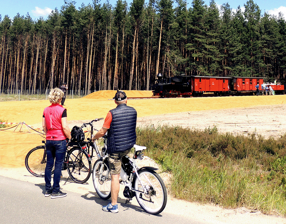 Fahrradfahrer am Waldrand mit Blick auf einen Dampfzug